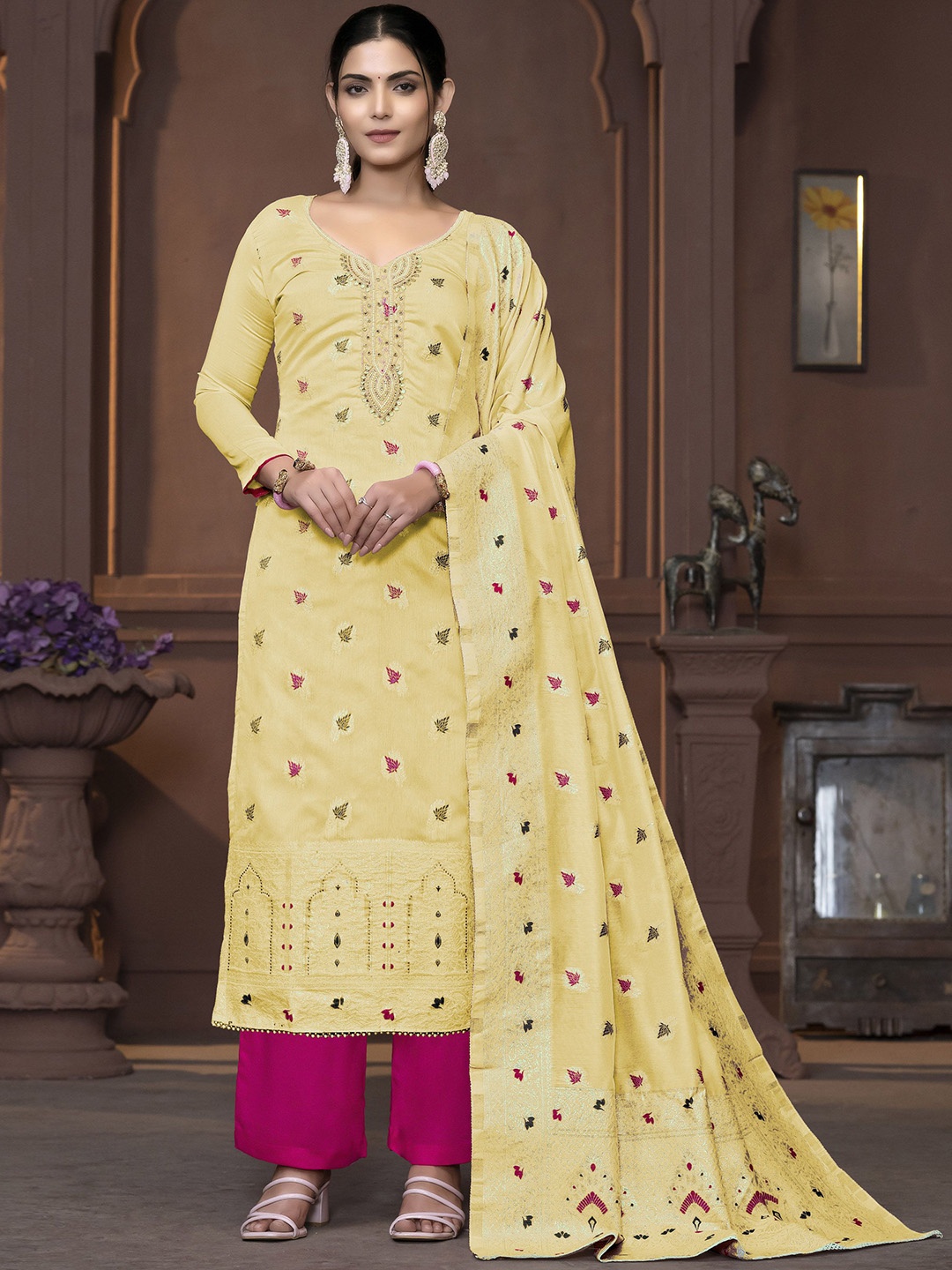 Maroosh Floral Embroidered Sequinned Banarasi Cotton Unstitched Dress Material, Yellow
Maroosh Floral Embroidered Sequinned Banarasi Cotton Unstitched Dress Material, Yellow