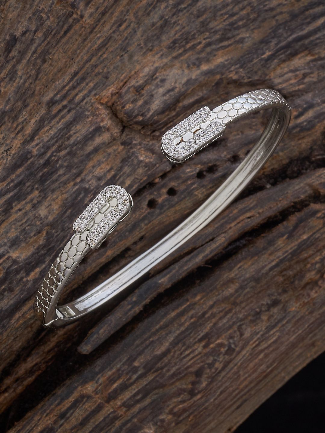 Kushal's Fashion Jewellery Rhodium-Plated Cubic Zirconia Studded Kada Bracelet, Silver 
Kushal's Fashion Jewellery Rhodium-Plated Cubic Zirconia Studded Kada Bracelet, Silver