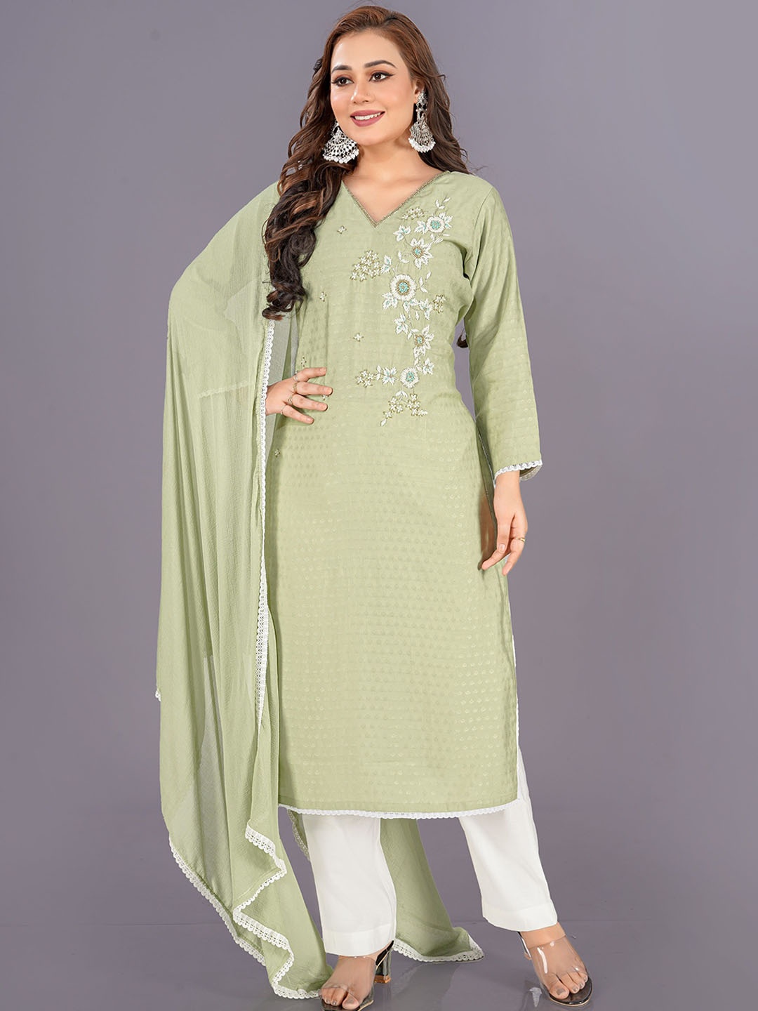 V B SONS Women Floral Embroidered Regular Beads and Stones Kurta with Trousers & With Dupatta, Sea green
V B SONS Women Floral Embroidered Regular Beads and Stones Kurta with Trousers & With Dupatta, Sea green