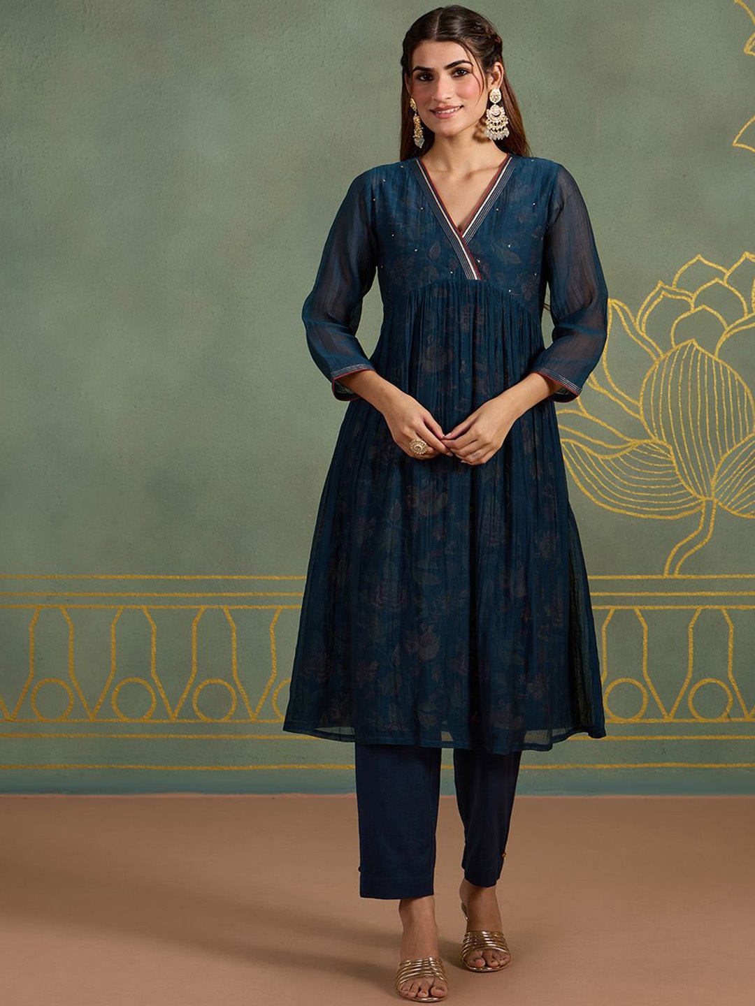 Likha Floral Printed Empire Sequinned Angarkha Chanderi Cotton Anarkali Kurta & Trousers, Teal
Likha Floral Printed Empire Sequinned Angarkha Chanderi Cotton Anarkali Kurta & Trousers, Teal
