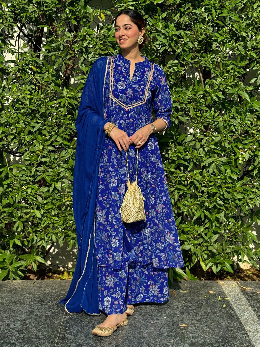 Janasya Floral Printed Empire Gotta Patti Georgette Anarkali Kurta With Palazzos & Dupatta, Blue
Janasya Floral Printed Empire Gotta Patti Georgette Anarkali Kurta With Palazzos & Dupatta, Blue