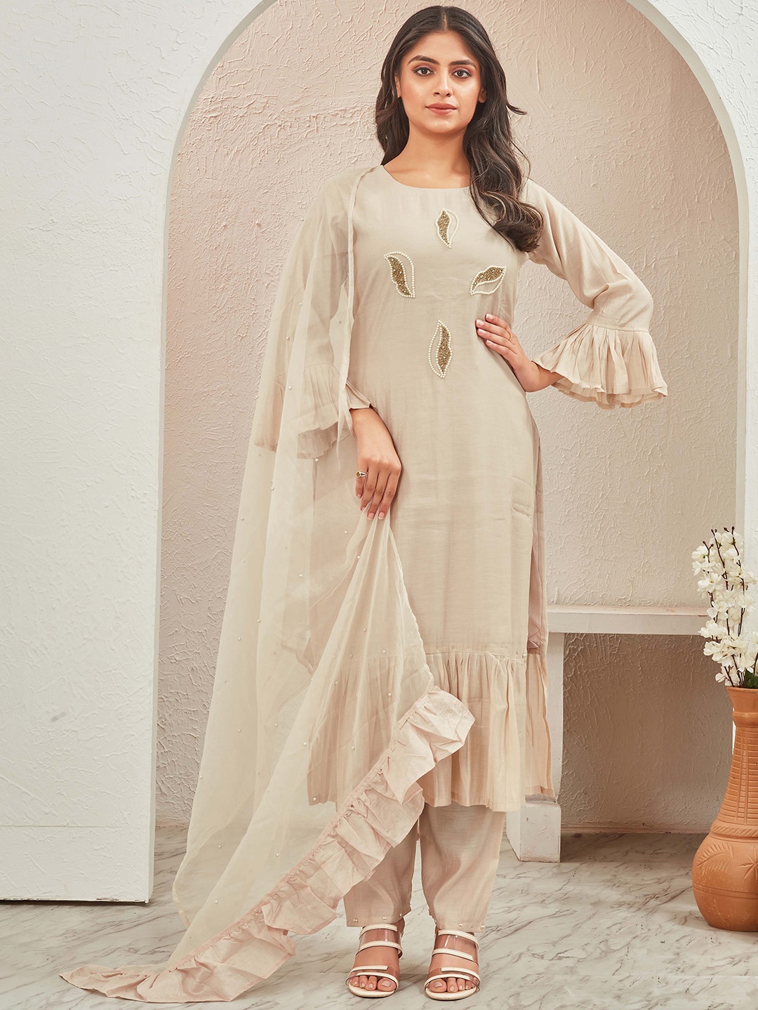 TWINS LADY Embroidered Chanderi Cotton Straight Kurta with Trousers & Dupatta, Cream
TWINS LADY Embroidered Chanderi Cotton Straight Kurta with Trousers & Dupatta, Cream
