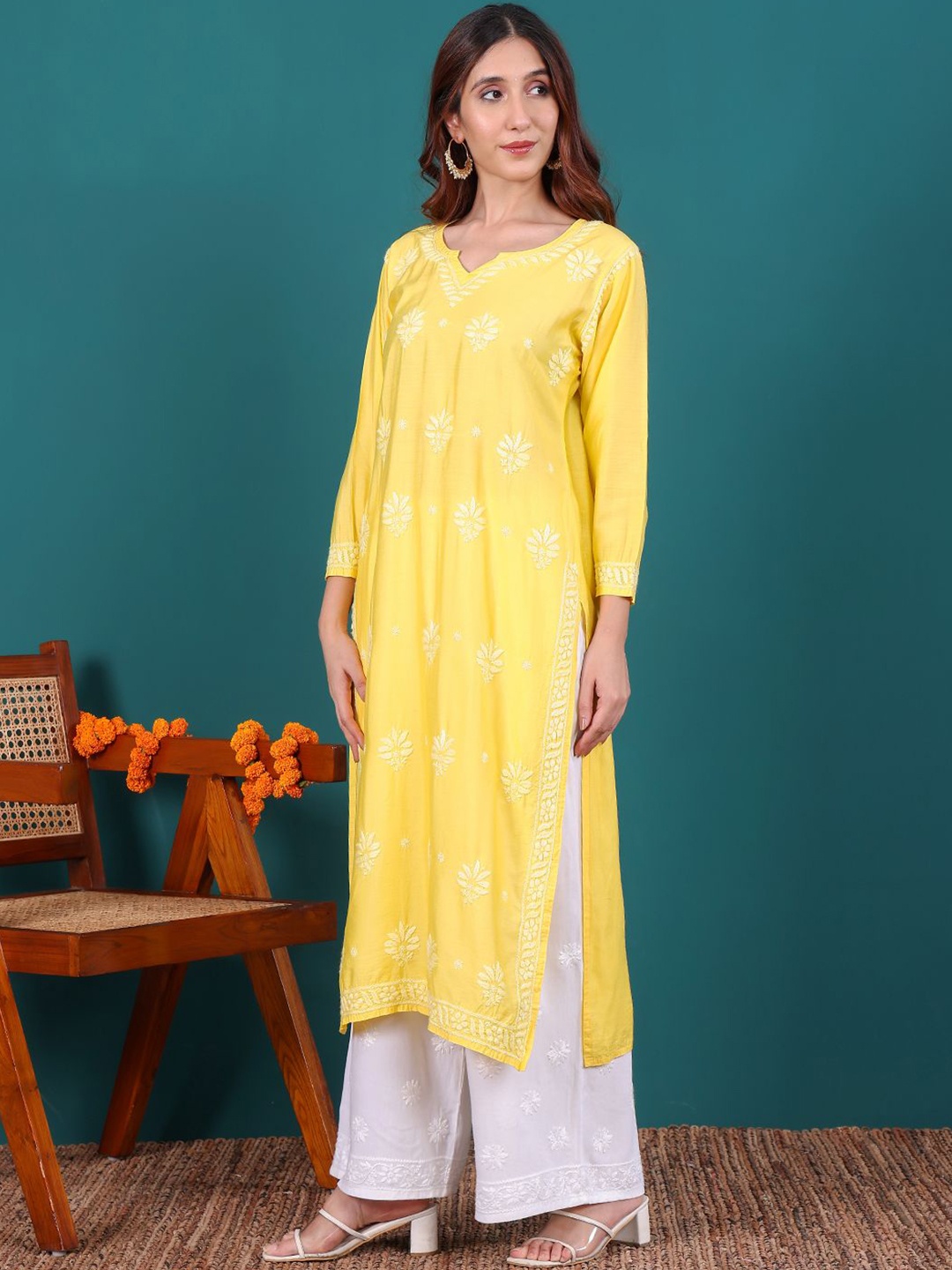 Chowkhat Floral Embroidered three-Quarter Sleeves Chikankari Work Pure Cotton Kurta, Yellow
Chowkhat Floral Embroidered three-Quarter Sleeves Chikankari Work Pure Cotton Kurta, Yellow