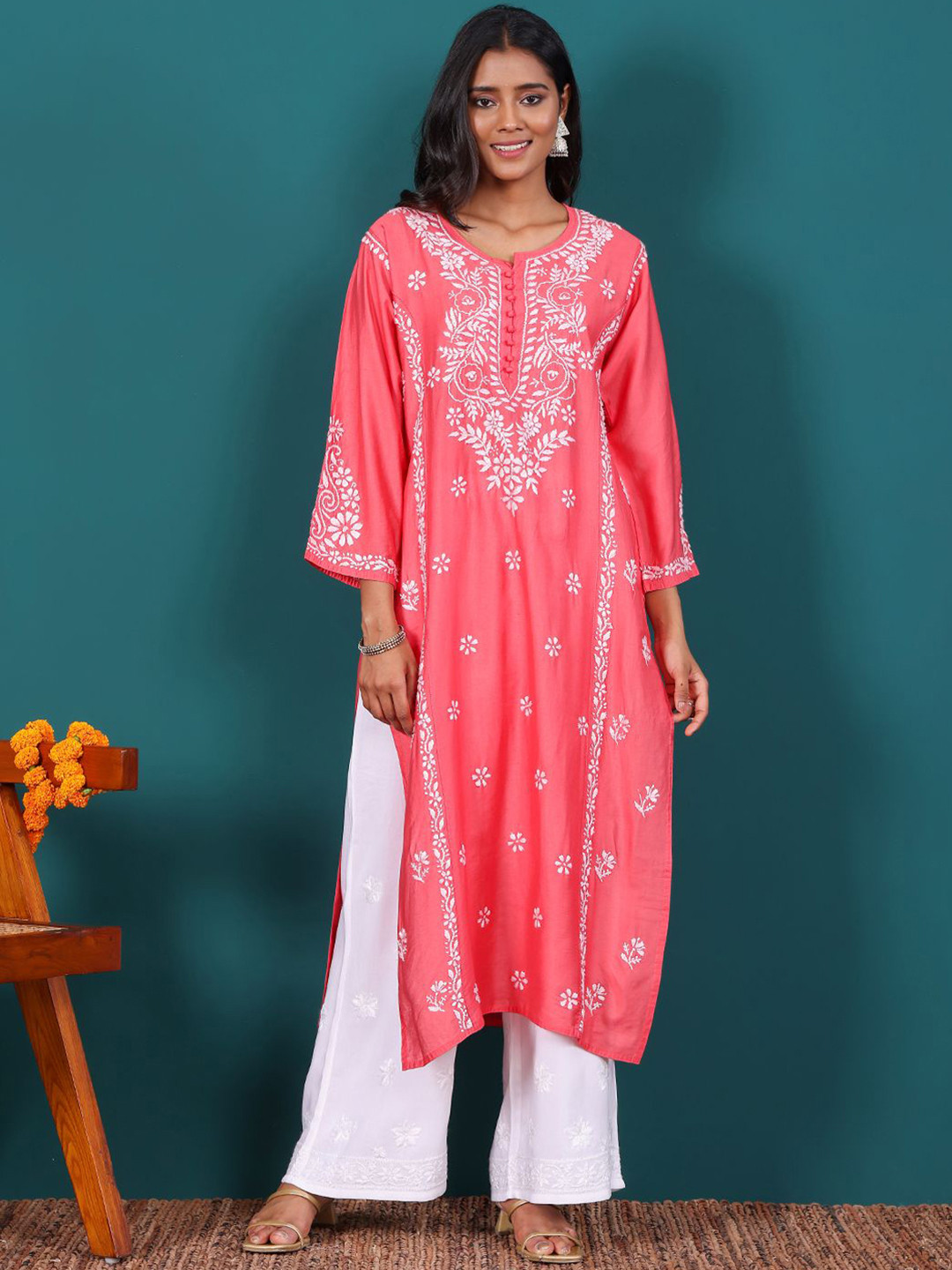 Chowkhat Floral Embroidered Flared Sleeves Chikankari Work Handloom Cotton Kurta, Pink
Chowkhat Floral Embroidered Flared Sleeves Chikankari Work Handloom Cotton Kurta, Pink