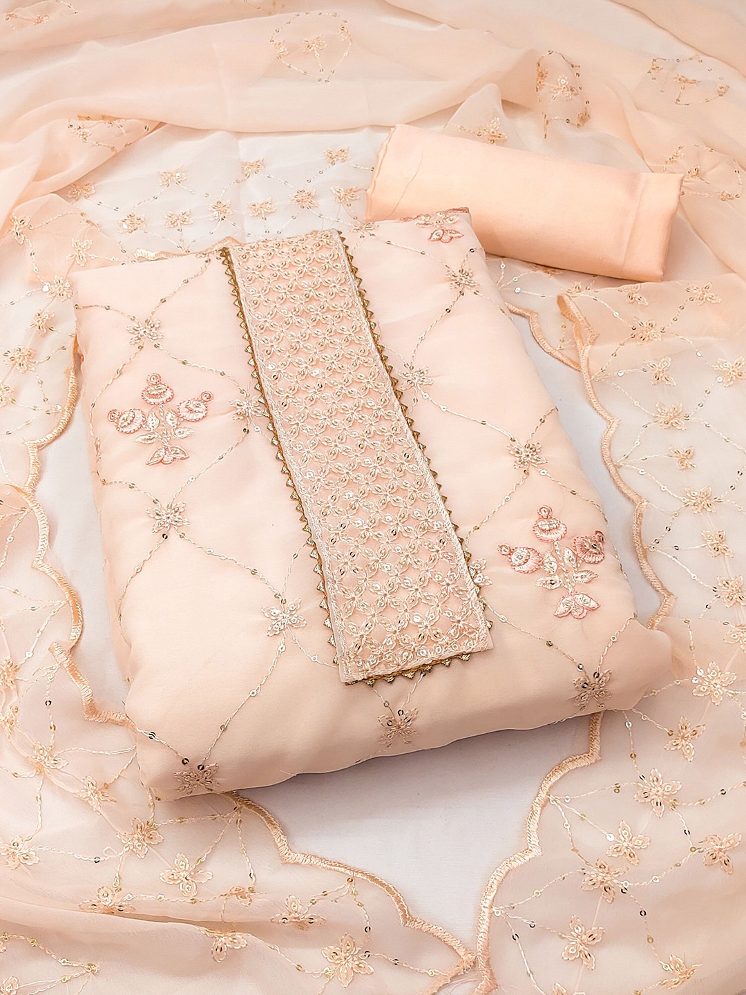 KALINI Floral Embroidered Sequinned Silk Georgette Unstitched Dress Material, Beige
KALINI Floral Embroidered Sequinned Silk Georgette Unstitched Dress Material, Beige