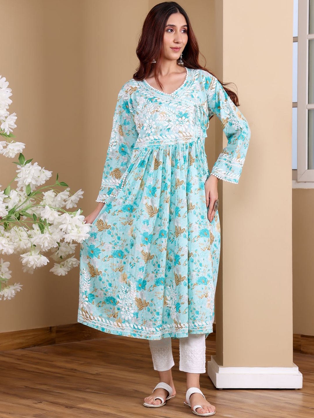 Chowkhat Floral Embroidered V-Neck Angrakha Chikankari Work Cotton Anarkali Kurta, Blue
Chowkhat Floral Embroidered V-Neck Angrakha Chikankari Work Cotton Anarkali Kurta, Blue