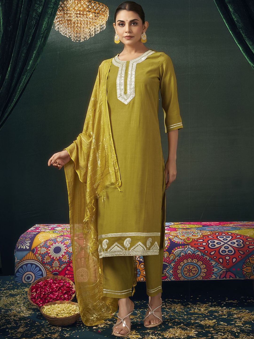 KALINI Women Yoke Design Regular Gotta Patti Chanderi Silk Kurta with Trousers & With Dupatta, Yellow
KALINI Women Yoke Design Regular Gotta Patti Chanderi Silk Kurta with Trousers & With Dupatta, Yellow