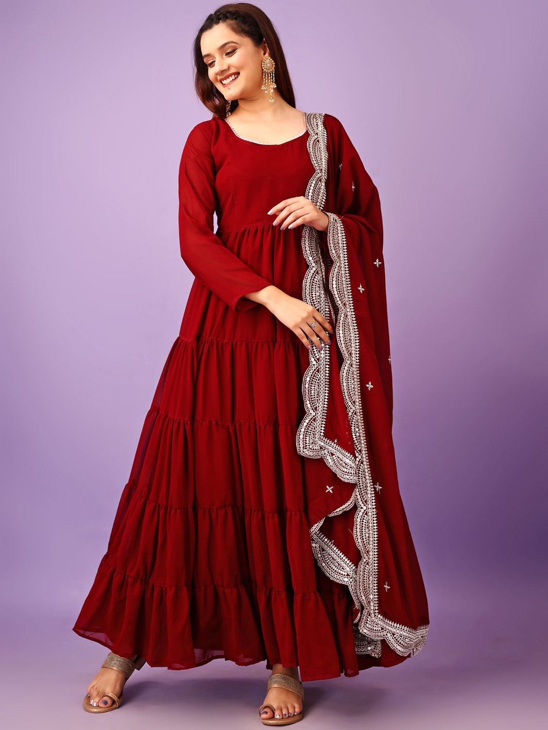 KALINI Round Neck Tiered Gotta Patti Anarkali Kurta With Pyjamas & Dupatta, Maroon
KALINI Round Neck Tiered Gotta Patti Anarkali Kurta With Pyjamas & Dupatta, Maroon