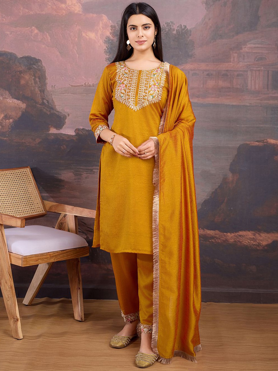 House of Pataudi Floral Embroidered Straight Kurta Kurta With Trousers & Dupatta, Yellow
House of Pataudi Floral Embroidered Straight Kurta Kurta With Trousers & Dupatta, Yellow