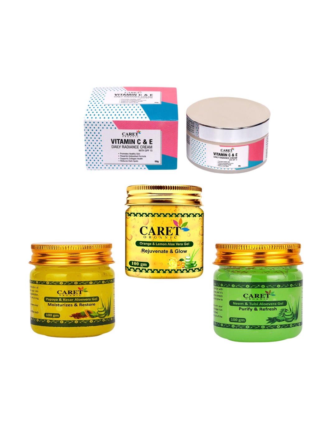 CARET ORGANIC Daily Radiance Cream Papaya Gel Neem Aloevera Gel & Orange Gel Combo, White
CARET ORGANIC Daily Radiance Cream Papaya Gel Neem Aloevera Gel & Orange Gel Combo, White