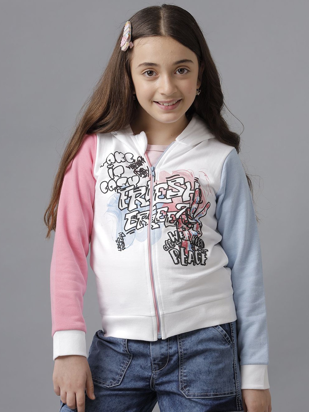 UNDER FOURTEEN ONLY Girls Typography Printed Hood Cotton Front-Open Sweatshirt, White
UNDER FOURTEEN ONLY Girls Typography Printed Hood Cotton Front-Open Sweatshirt, White