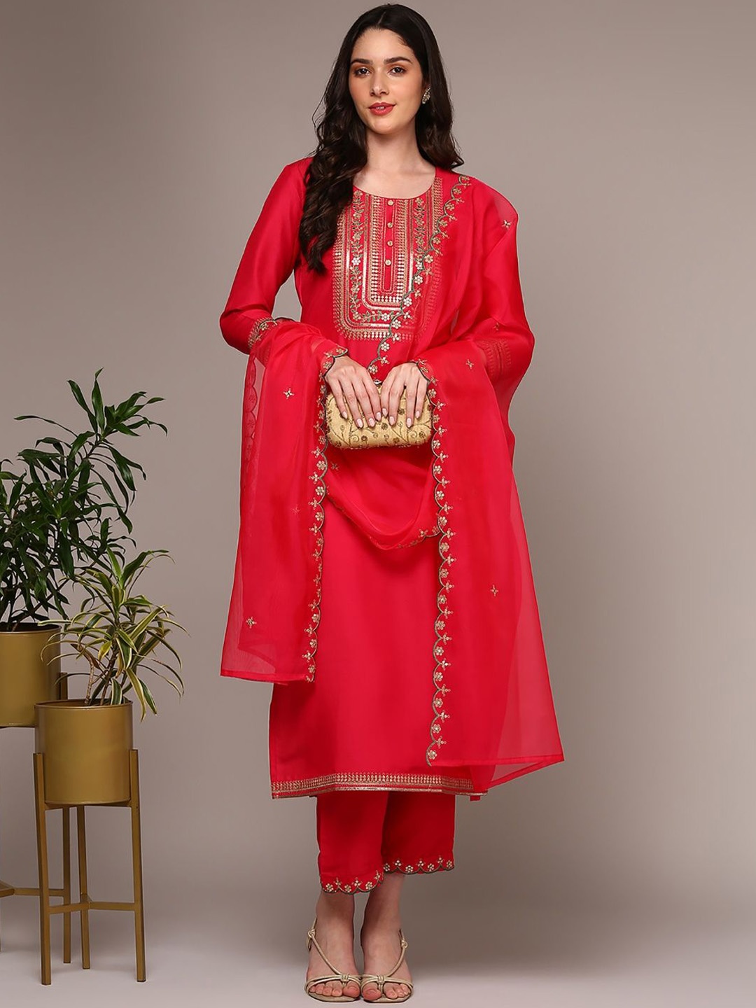 AHIKA Pink Embroidered Yoke Design Sequinned Straight Kurta with Trousers & Dupatta
AHIKA Pink Embroidered Yoke Design Sequinned Straight Kurta with Trousers & Dupatta
