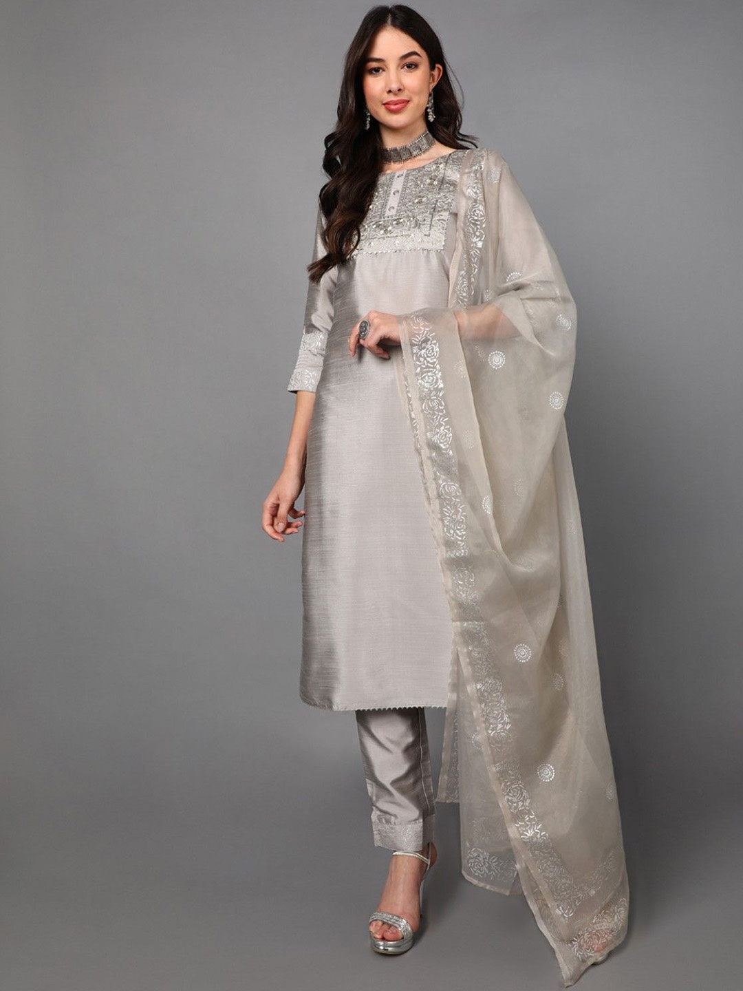 AHIKA Grey Floral Embroided Yoke Design Gotta Patti Straight Kurta with Trousers & Dupatta
AHIKA Grey Floral Embroided Yoke Design Gotta Patti Straight Kurta with Trousers & Dupatta