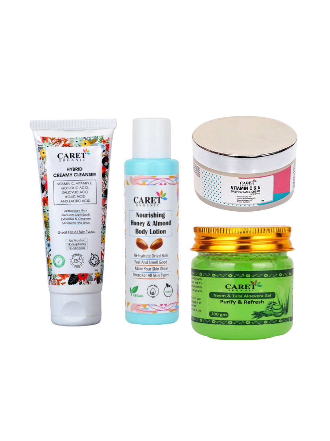 CARET ORGANIC Almond Body Lotion Radiance Cream Creamy Cleanser & Aloevera Gel Combo, White
CARET ORGANIC Almond Body Lotion Radiance Cream Creamy Cleanser & Aloevera Gel Combo, White