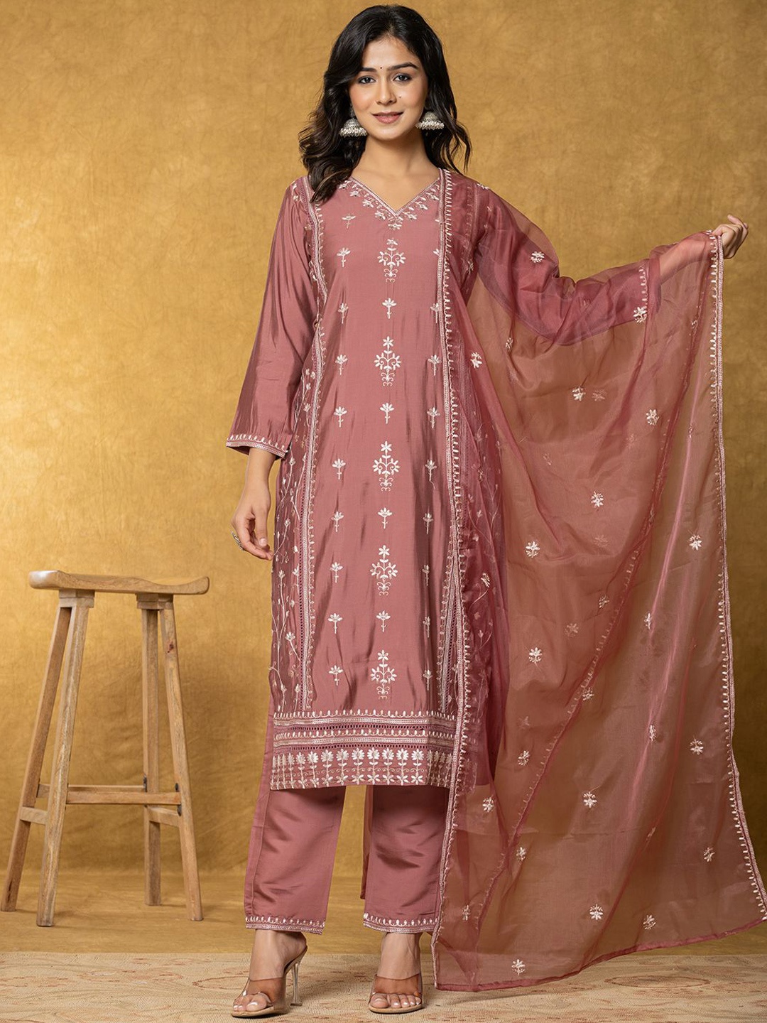 Yufta Floral Embroidered Thread Work Straight Kurta with Trousers & Dupatta, Rust
Yufta Floral Embroidered Thread Work Straight Kurta with Trousers & Dupatta, Rust