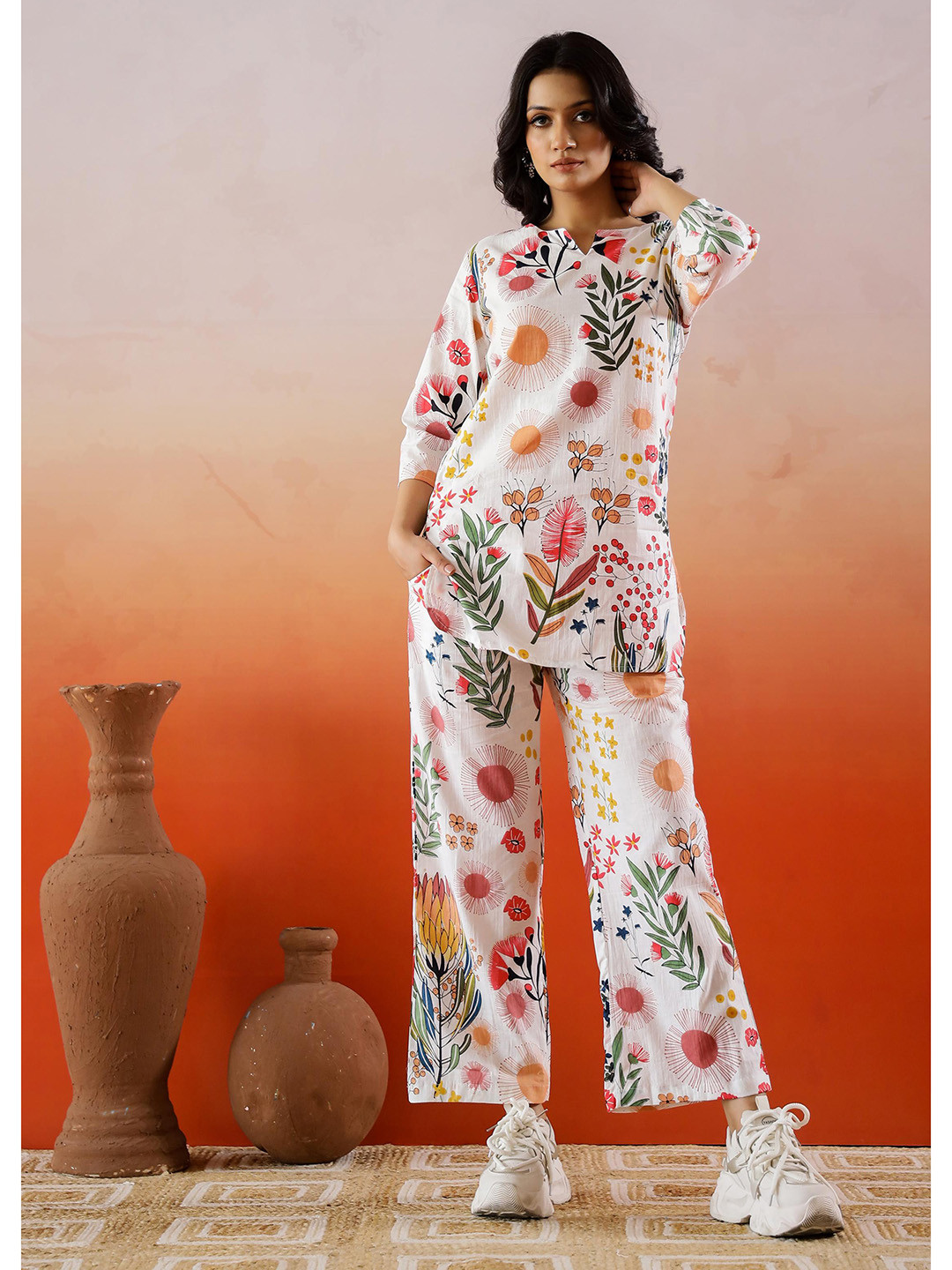 FLAVIA CREATION Printed Pure Cotton Tunic With Trouser, White 
FLAVIA CREATION Printed Pure Cotton Tunic With Trouser, White