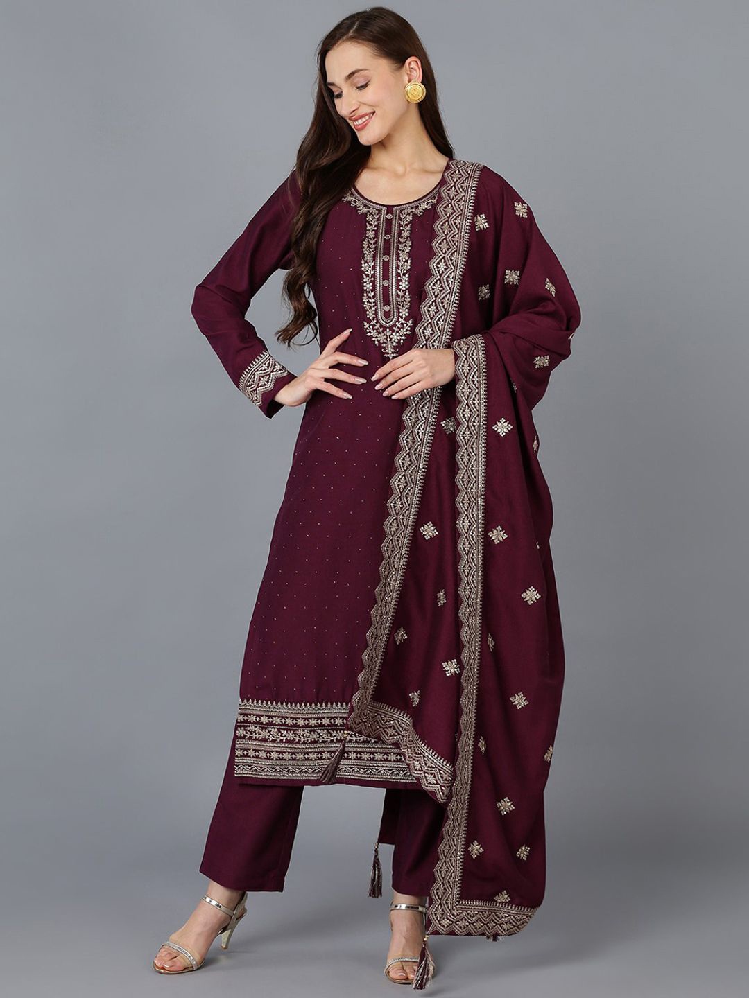 KALINI Women Embroidered Regular Sequinned Kurta with Trousers & With Dupatta, Burgundy
KALINI Women Embroidered Regular Sequinned Kurta with Trousers & With Dupatta, Burgundy