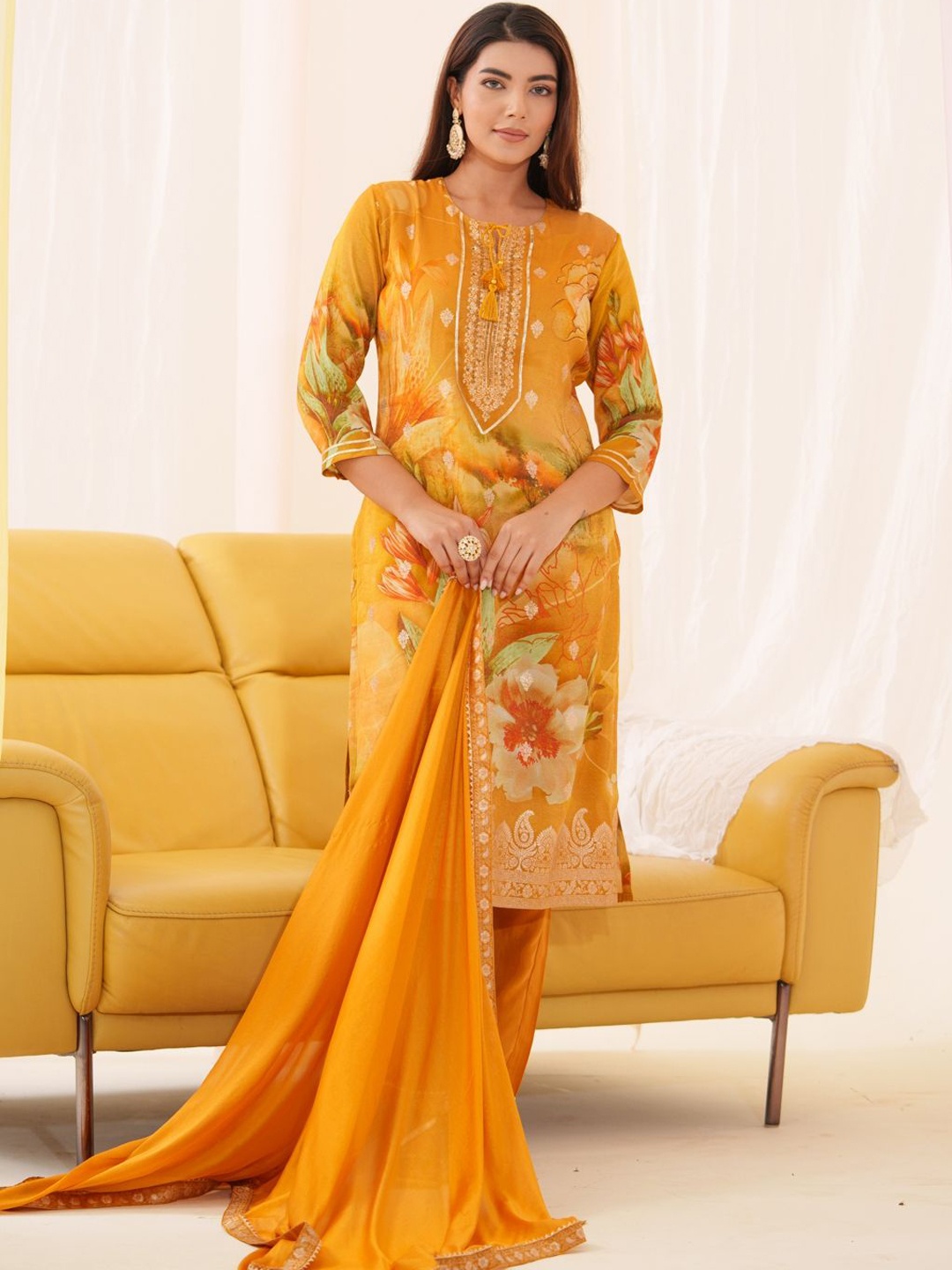 House of Pataudi Ethnic Motifs Printed Straight Kurta With Trousers & Dupatta, Mustard
House of Pataudi Ethnic Motifs Printed Straight Kurta With Trousers & Dupatta, Mustard