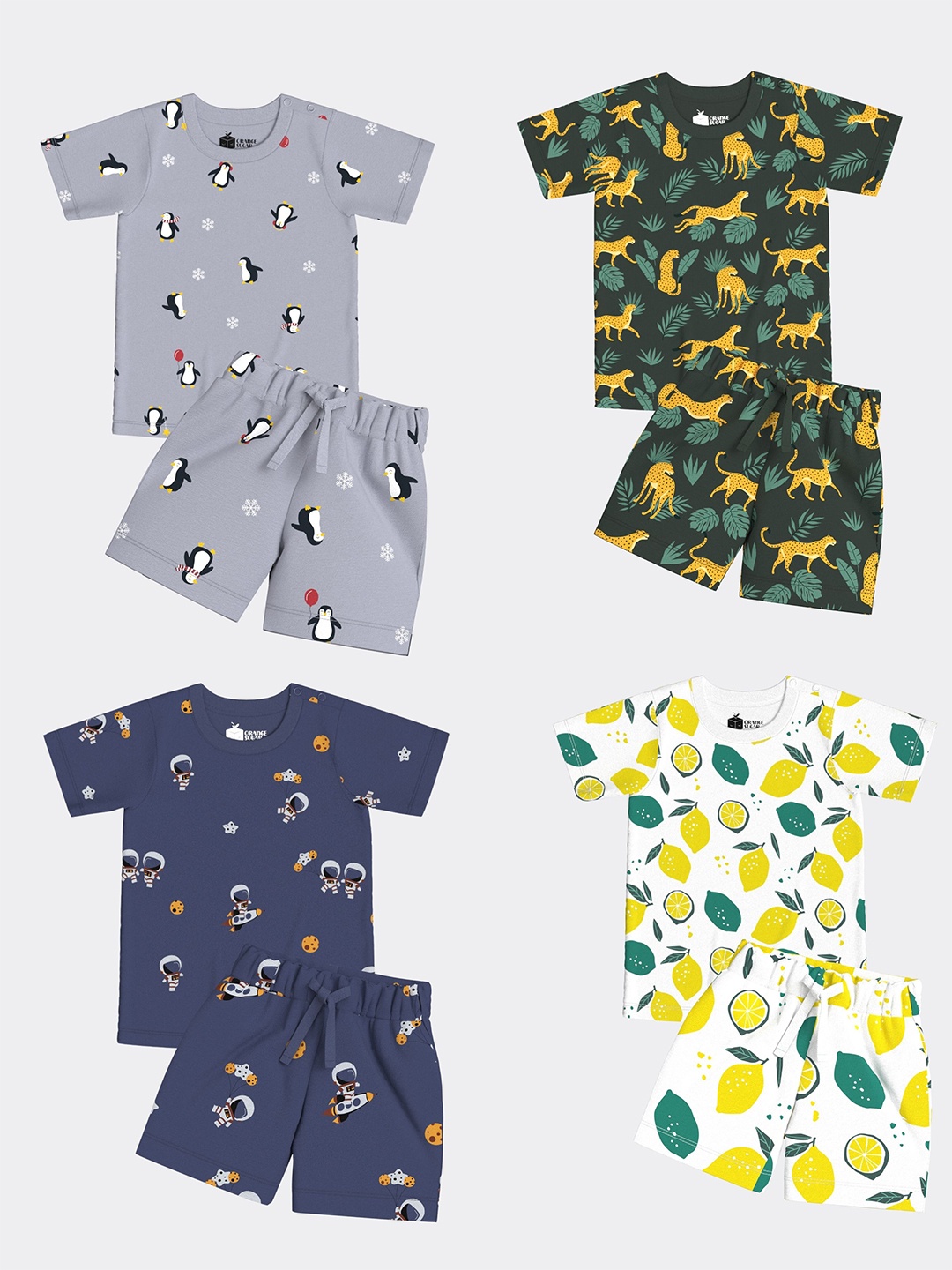 Orange Sugar Kids Pack of 4 Space, Penguin & Cheetah Printed Pure Cotton Night suits, Grey
Orange Sugar Kids Pack of 4 Space, Penguin & Cheetah Printed Pure Cotton Night suits, Grey