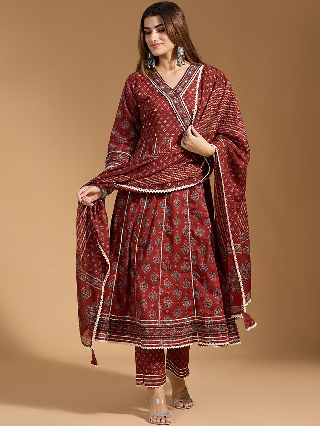KAVINDI Floral Printe Gotta Patti Pure Cotton Anarkali Kurta With Trousers & Dupatta, Rust
KAVINDI Floral Printe Gotta Patti Pure Cotton Anarkali Kurta With Trousers & Dupatta, Rust
