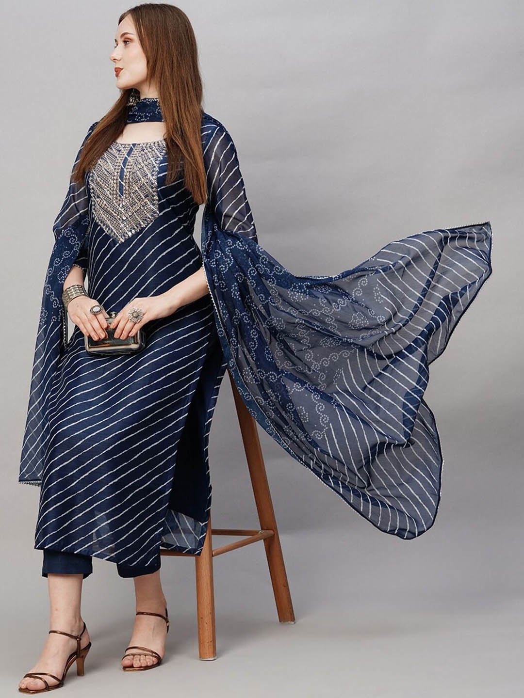 GoSriKi Women Leheriya Embroidered Regular Gotta Patti Kurta with Trousers & With Dupatta, Navy blue
GoSriKi Women Leheriya Embroidered Regular Gotta Patti Kurta with Trousers & With Dupatta, Navy blue