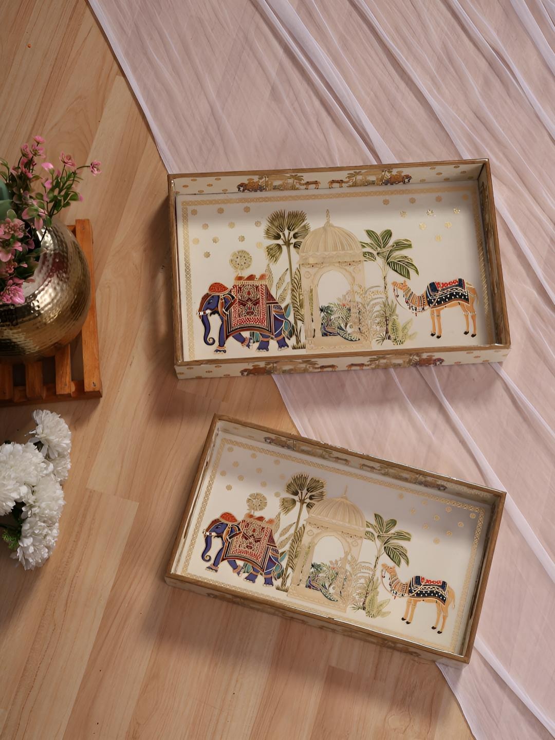 HomeShastra Royal camel Beige & Brown 2 Pieces Printed Wooden Easy To Clean Serving Trays
HomeShastra Royal camel Beige & Brown 2 Pieces Printed Wooden Easy To Clean Serving Trays