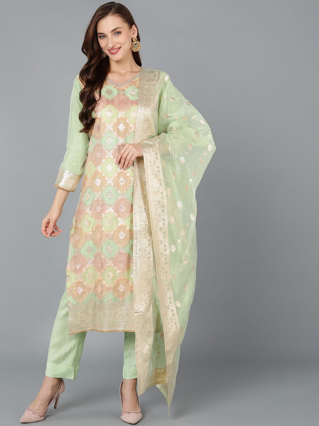AHIKA Floral Woven Design Regular Zari Straight Kurta with Trousers & Dupatta, Lime green
AHIKA Floral Woven Design Regular Zari Straight Kurta with Trousers & Dupatta, Lime green