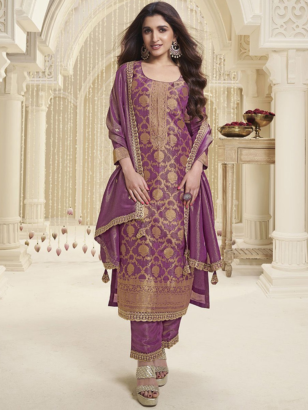 Seerat Ethnic Motifs Woven Design Sequinned Jacquard Straight Kurta With Trouser & Dupatta, Purple
Seerat Ethnic Motifs Woven Design Sequinned Jacquard Straight Kurta With Trouser & Dupatta, Purple