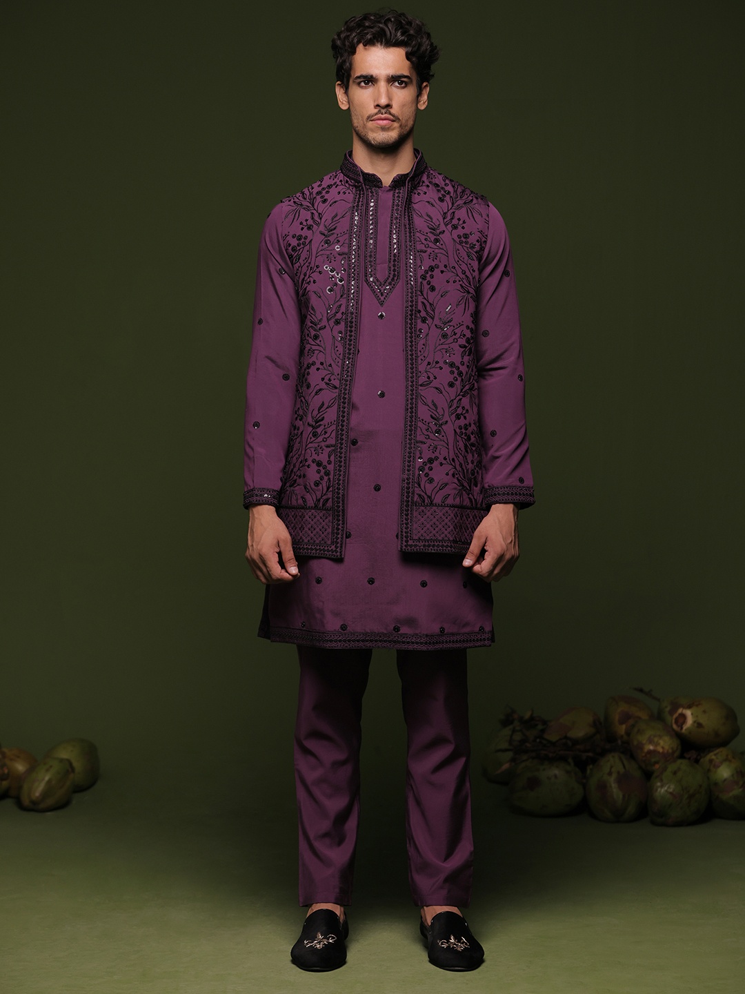 KALPRAAG Floral Embroidered Mandarin Collar Sequinned Kurta With Trousers & Jacket, Burgundy
KALPRAAG Floral Embroidered Mandarin Collar Sequinned Kurta With Trousers & Jacket, Burgundy