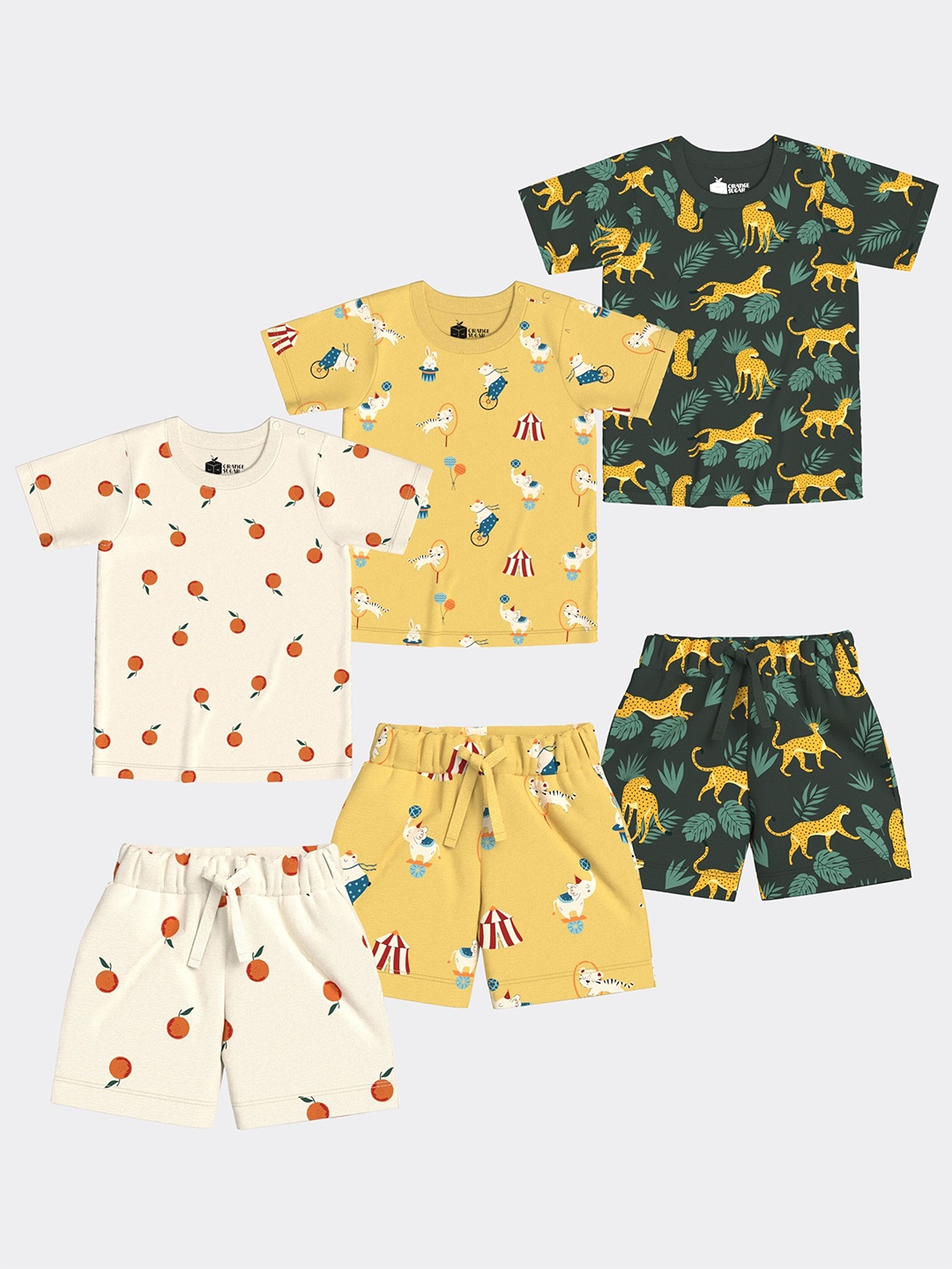 Orange Sugar Kids Pack of 3 Oranges, Cheetah & Circus Printed Pure Cotton Night suits, Olive
Orange Sugar Kids Pack of 3 Oranges, Cheetah & Circus Printed Pure Cotton Night suits, Olive