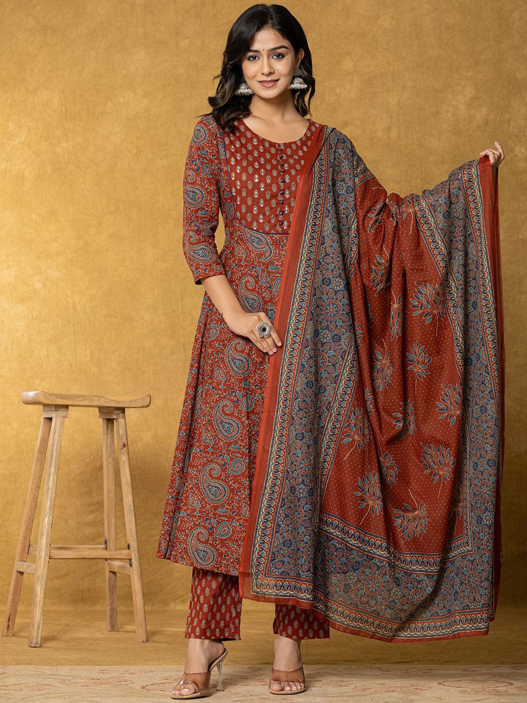 Yufta Paisley Printed Sequinned Pure Cotton Straight Kurta with Trousers & Dupatta, Rust
Yufta Paisley Printed Sequinned Pure Cotton Straight Kurta with Trousers & Dupatta, Rust