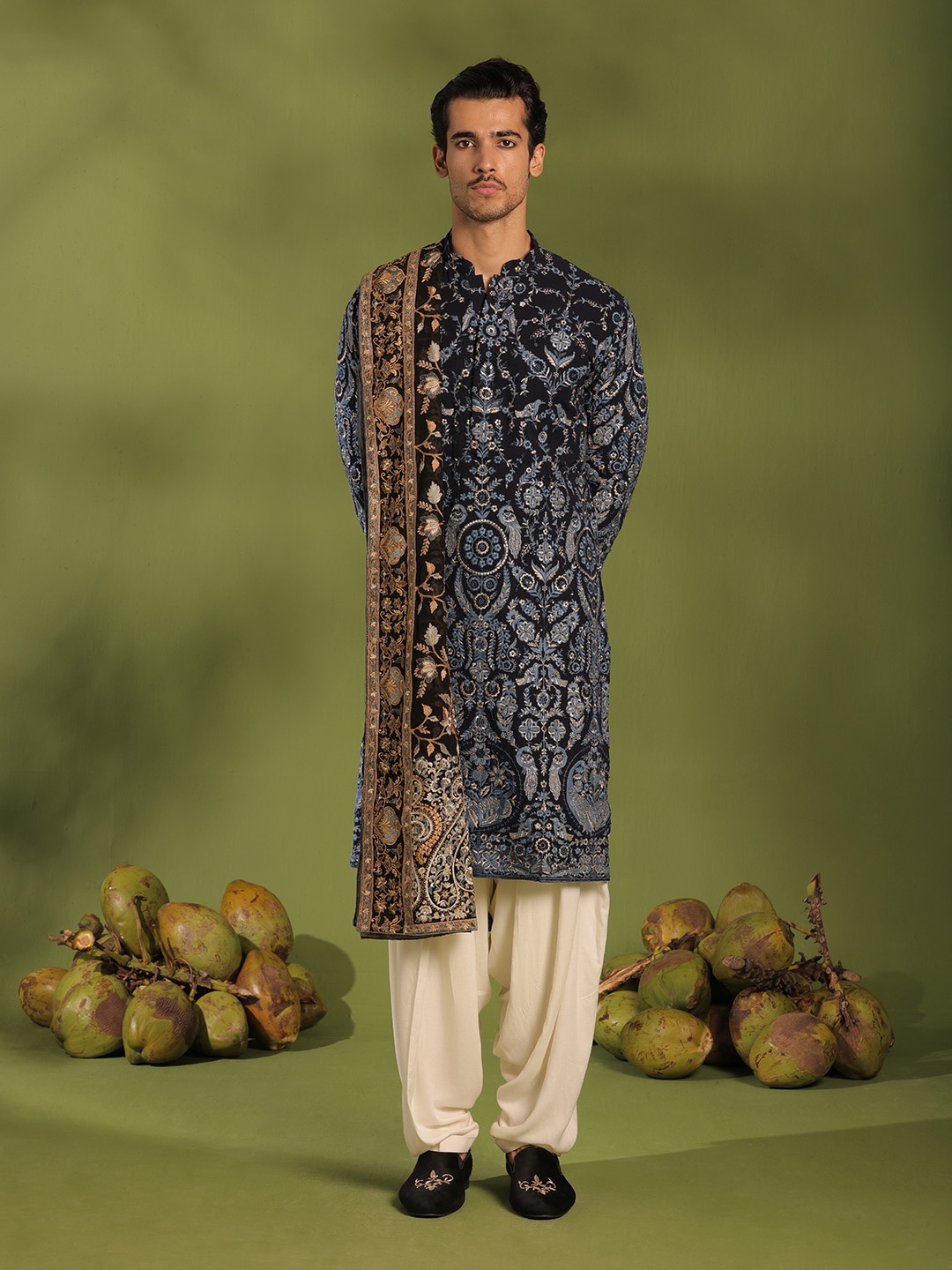 KALPRAAG Ethnic Motifs Embroidered Mandarin Collar Zari Kurta With Patiala & Dupatta, Black
KALPRAAG Ethnic Motifs Embroidered Mandarin Collar Zari Kurta With Patiala & Dupatta, Black