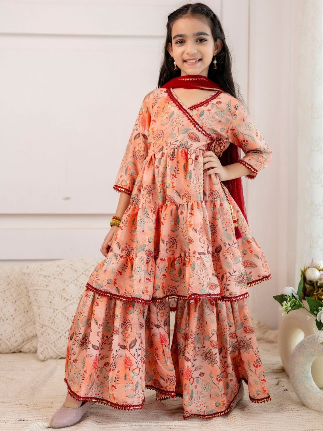 Cutiediva Girls Paisley Printed Angrakha Anarkali Kurta with Sharara & Dupatta, Peach
Cutiediva Girls Paisley Printed Angrakha Anarkali Kurta with Sharara & Dupatta, Peach