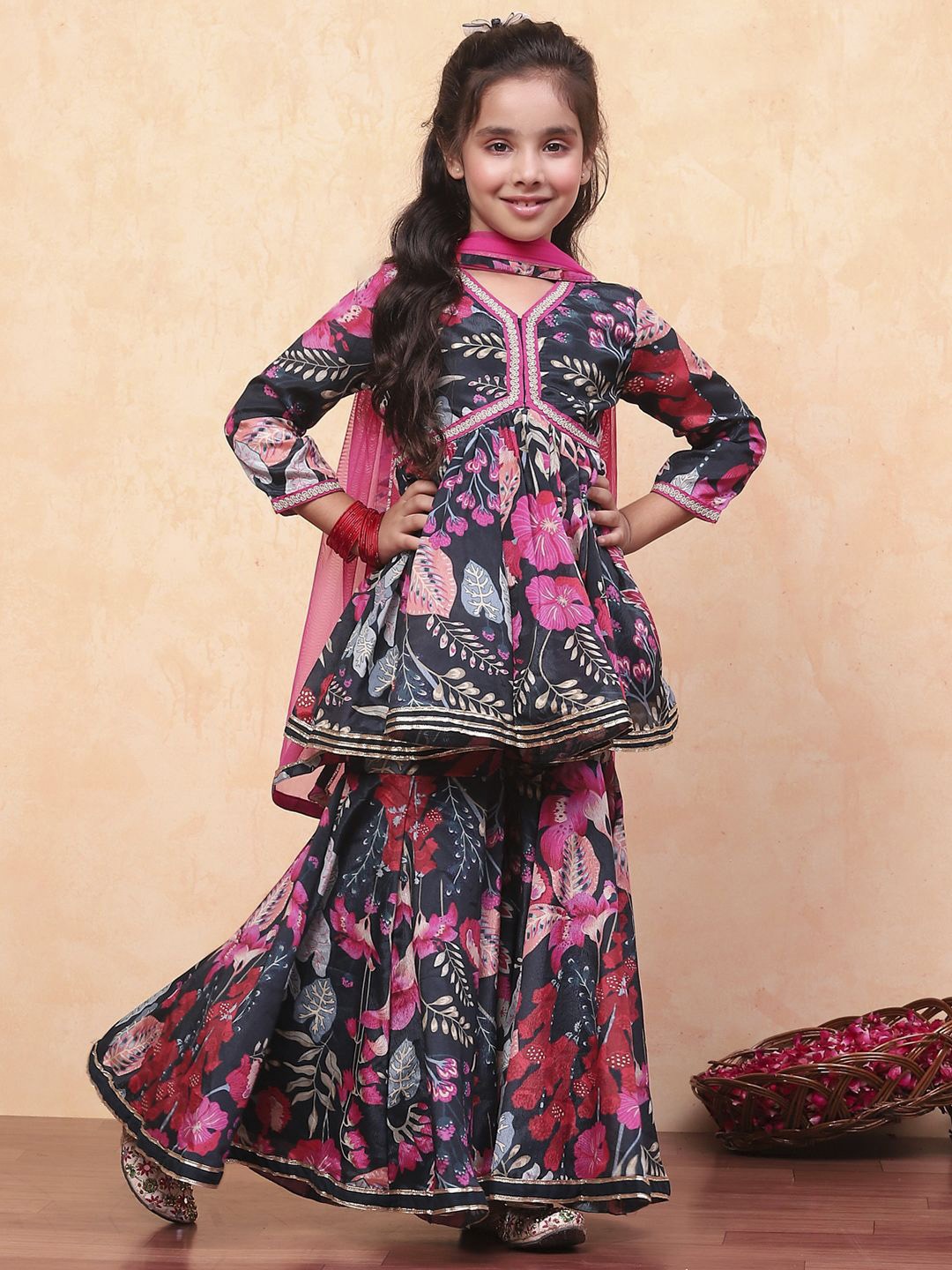Biba Girls Floral Printed Gotta Patti Regular Anarkali Kurta with Sharara & Dupatta, Teal
Biba Girls Floral Printed Gotta Patti Regular Anarkali Kurta with Sharara & Dupatta, Teal