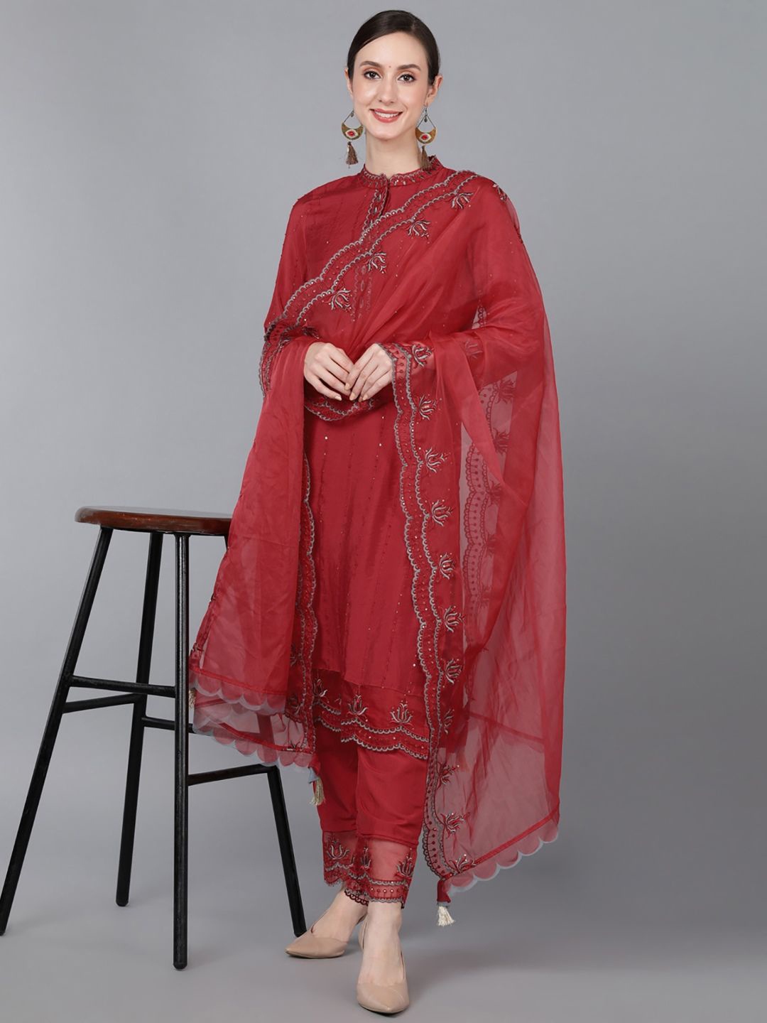 AHIKA Women Floral Embroidered Regular Sequinned Kurta with Trousers & With Dupatta, Maroon
AHIKA Women Floral Embroidered Regular Sequinned Kurta with Trousers & With Dupatta, Maroon
