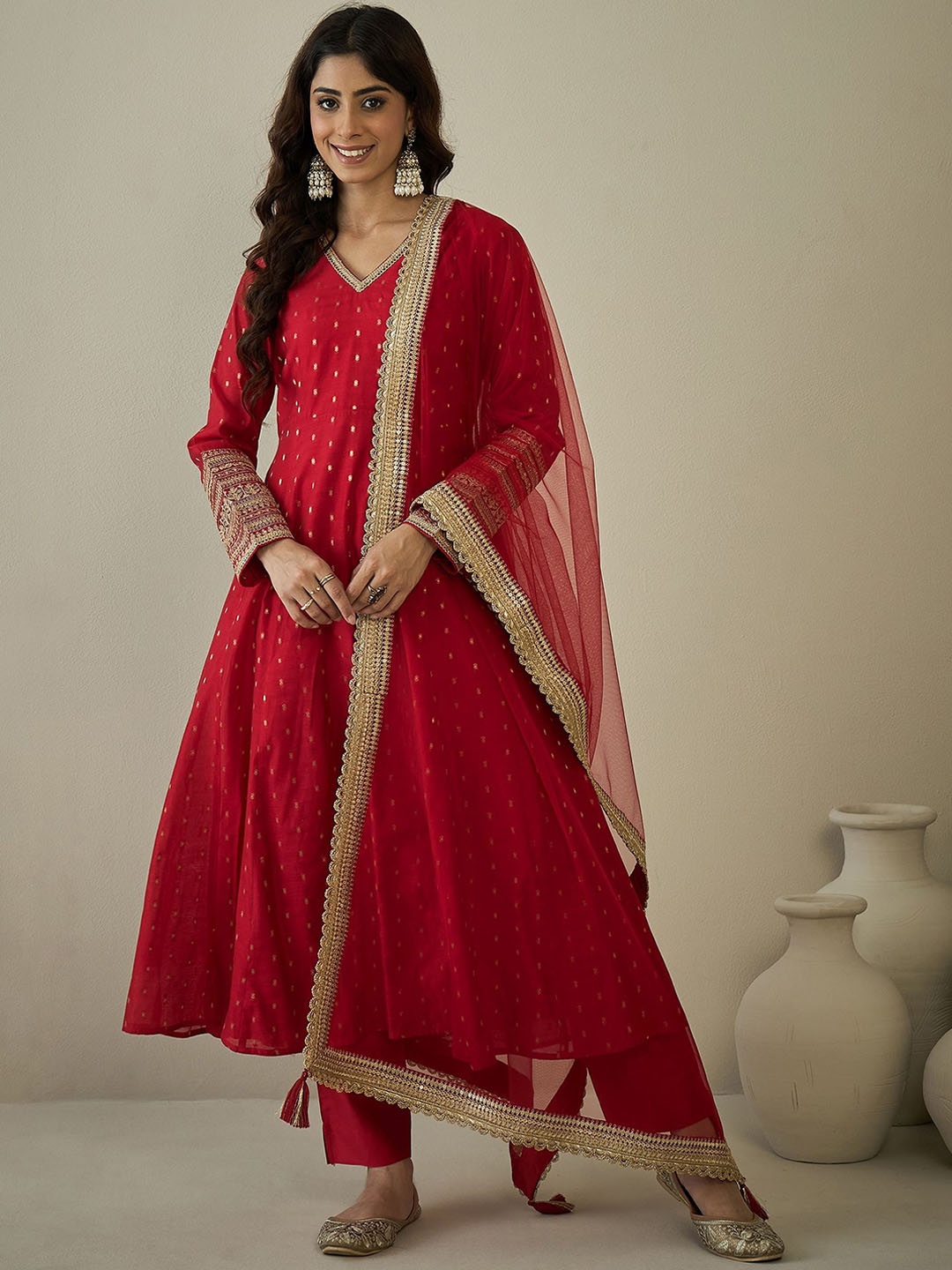 Inddus Women Ethnic Motifs Regular Chanderi Silk Kurta with Trousers & With Dupatta, Red
Inddus Women Ethnic Motifs Regular Chanderi Silk Kurta with Trousers & With Dupatta, Red