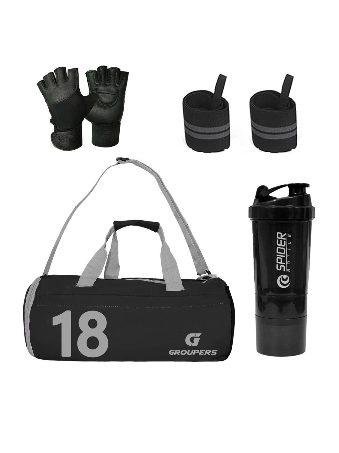 GROUPERS Medium Foldable Sports Duffel Bag With Gloves Wrist Band & Shaker Bottle, Black
GROUPERS Medium Foldable Sports Duffel Bag With Gloves Wrist Band & Shaker Bottle, Black
