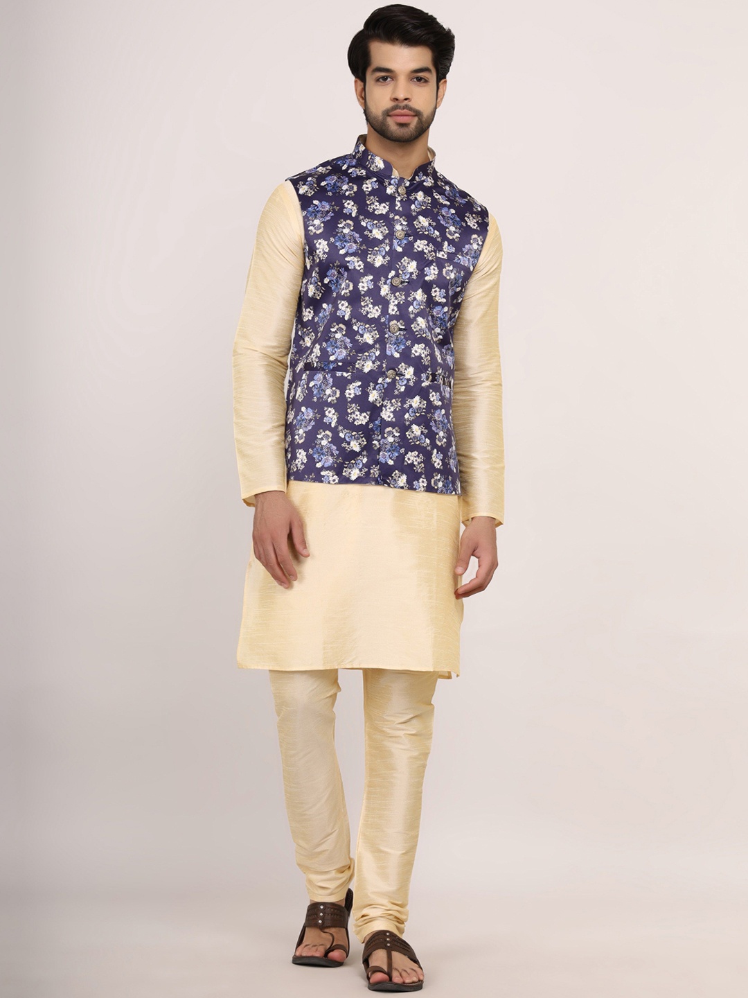 Sadree Self Design Dupion Silk Straight Kurta With Churidar & Floral Nehru Jacket, Gold
Sadree Self Design Dupion Silk Straight Kurta With Churidar & Floral Nehru Jacket, Gold