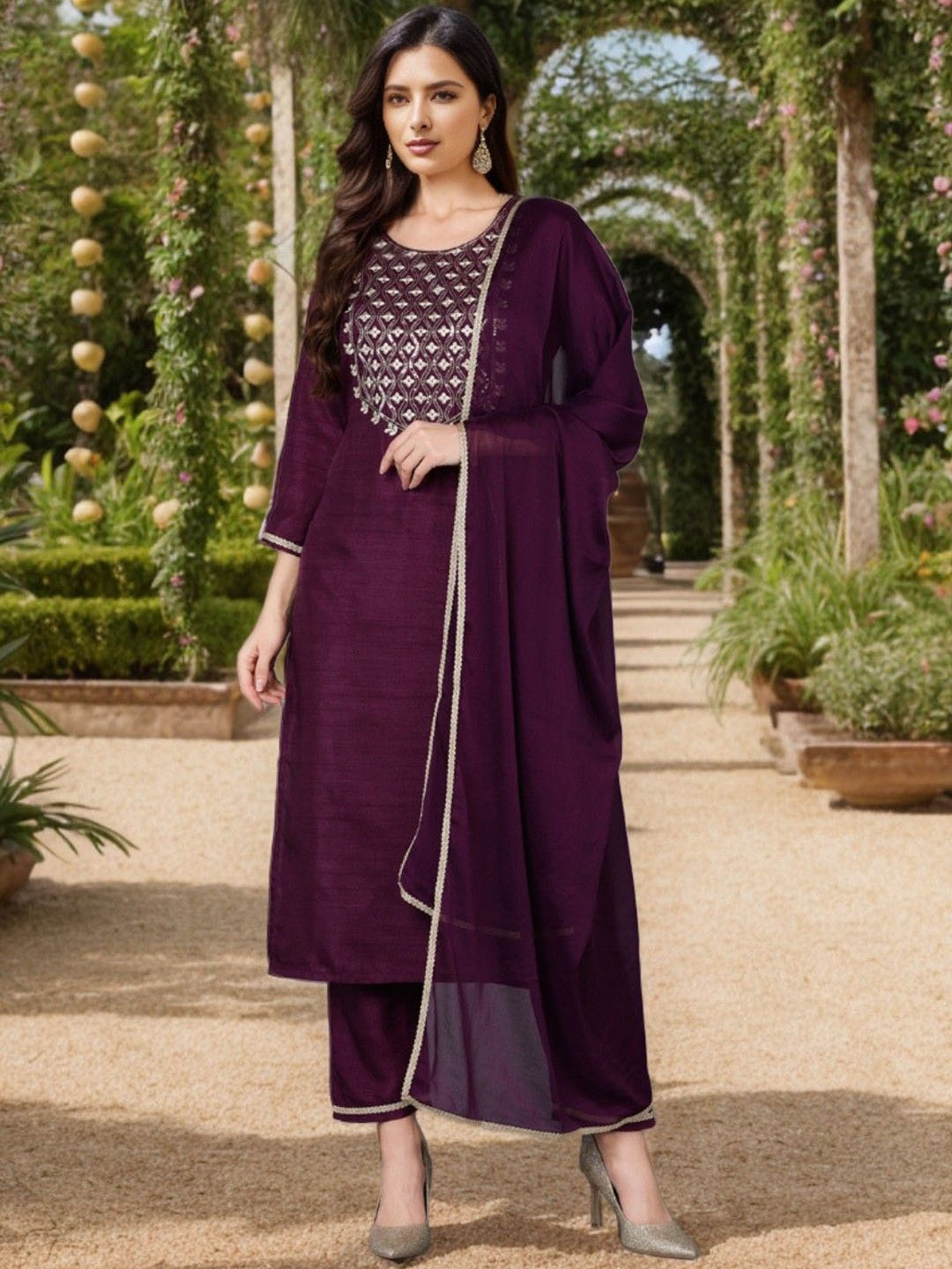 AHIKA Women Floral Embroidered Regular Sequinned Kurta with Trousers & With Dupatta, Purple
AHIKA Women Floral Embroidered Regular Sequinned Kurta with Trousers & With Dupatta, Purple
