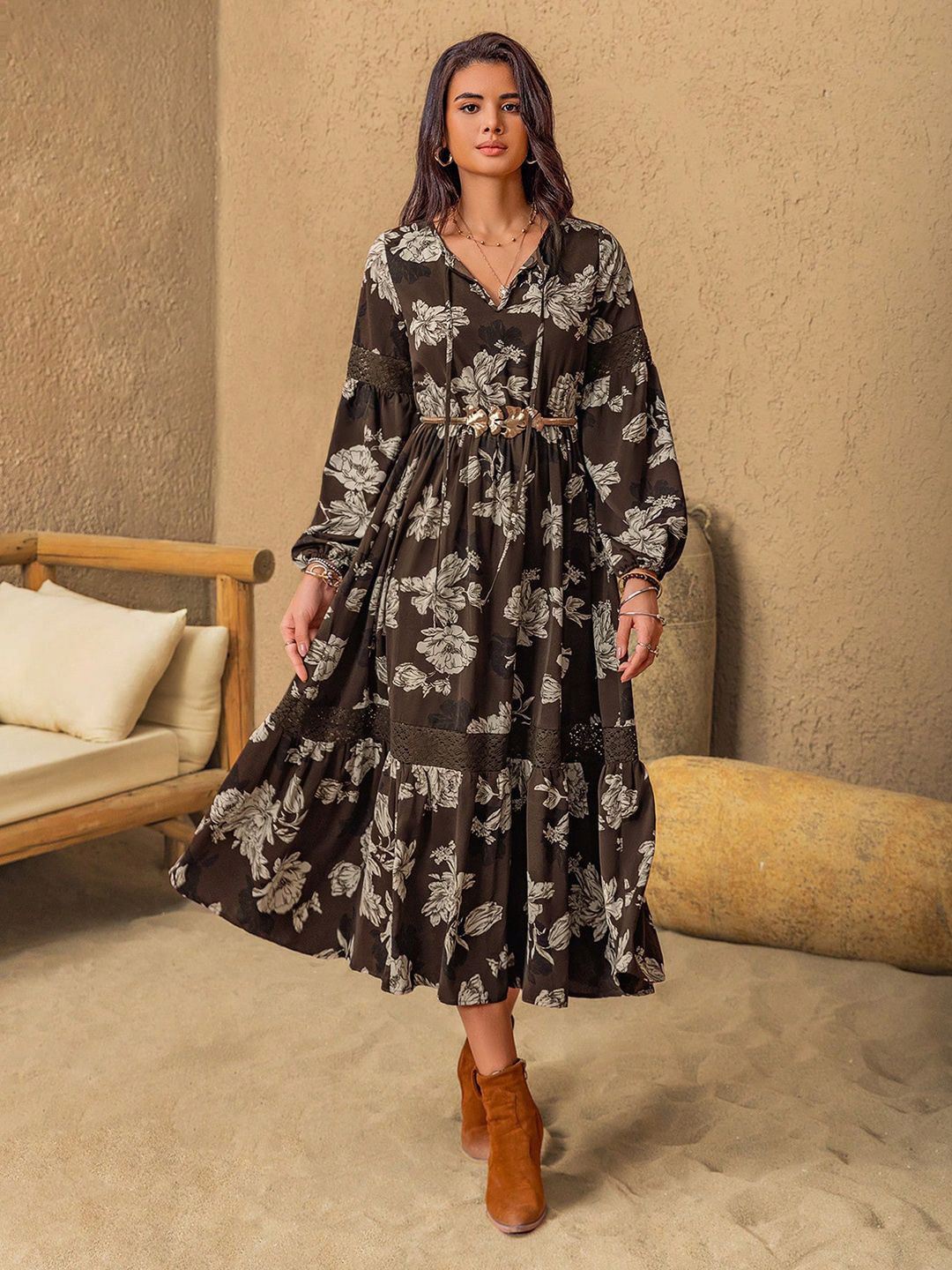 JC Mode Women Floral Printed V-neck Puff Sleeve Fit & Flare Midi Dress, Coffee brown
JC Mode Women Floral Printed V-neck Puff Sleeve Fit & Flare Midi Dress, Coffee brown