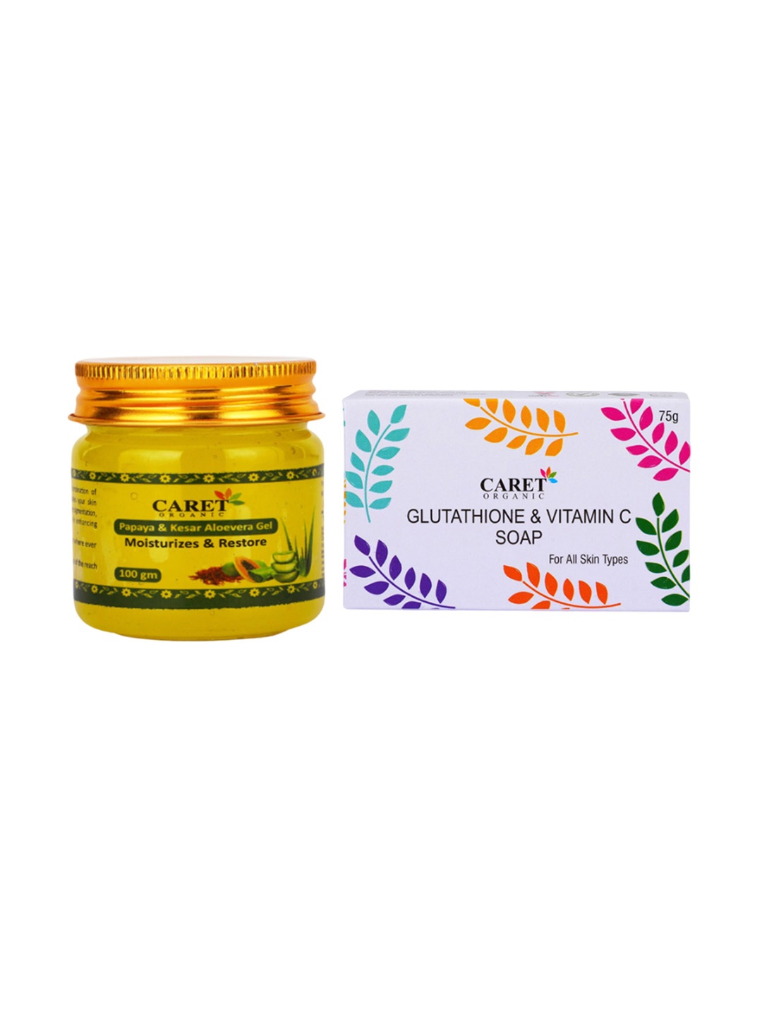 CARET ORGANIC Set Of 2 Glutathione & Vitamin C Soap & Papaya & Kesar Aloevera Gel, White
CARET ORGANIC Set Of 2 Glutathione & Vitamin C Soap & Papaya & Kesar Aloevera Gel, White