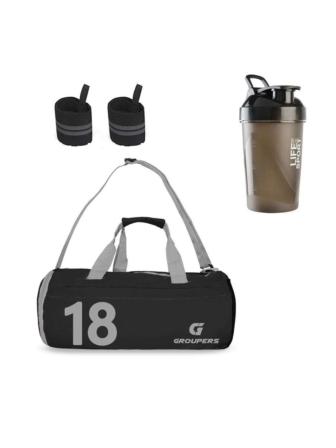 GROUPERS Printed Foldable Sports or Gym Duffel Bag With Shaker Bottle-400ml & Wrist Band, Black
GROUPERS Printed Foldable Sports or Gym Duffel Bag With Shaker Bottle-400ml & Wrist Band, Black
