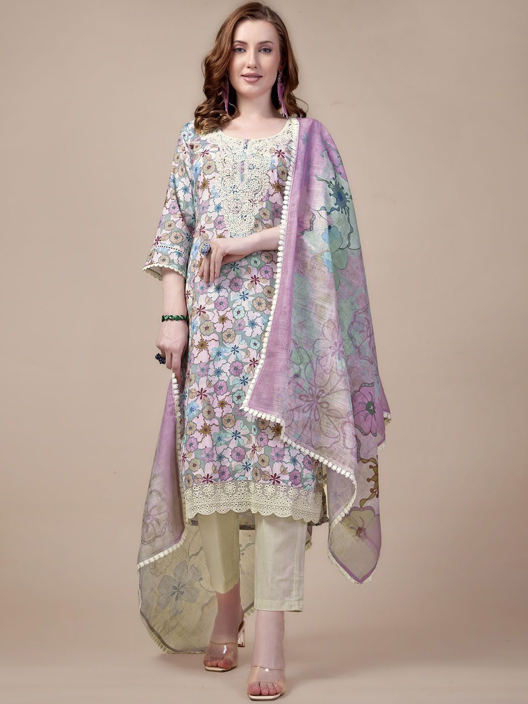Meena Bazaar Floral Printed Thread Work Straight Kurta With Trousers & Dupatta, Purple
Meena Bazaar Floral Printed Thread Work Straight Kurta With Trousers & Dupatta, Purple
