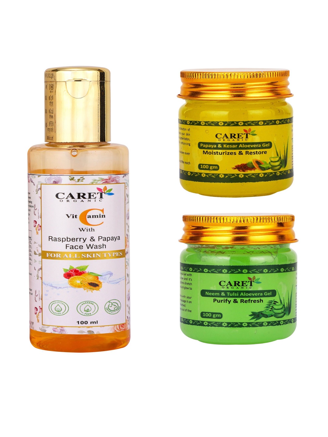 CARET ORGANIC Vitamin C Papaya Face Wash Kesar Aloevera Gel & Tulsi Gel Combo-100g Each, White
CARET ORGANIC Vitamin C Papaya Face Wash Kesar Aloevera Gel & Tulsi Gel Combo-100g Each, White