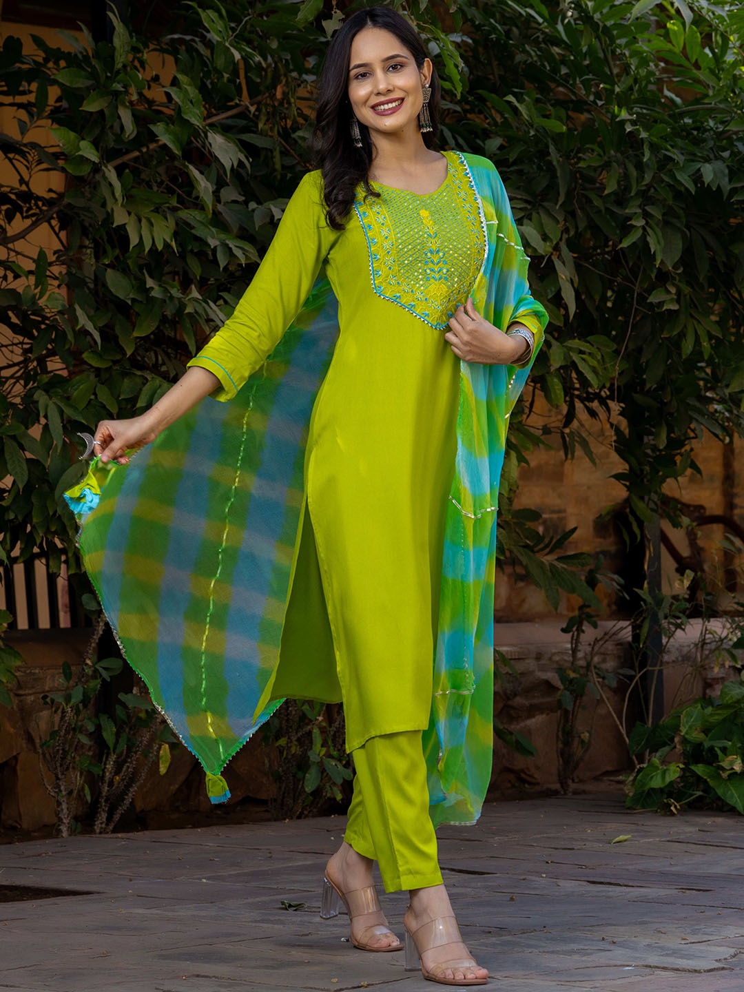 GAYRAA Women Floral Embroidered Regular Kurta with Trousers & With Dupatta, Lime green
GAYRAA Women Floral Embroidered Regular Kurta with Trousers & With Dupatta, Lime green
