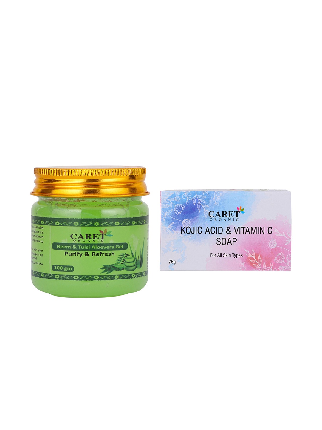CARET ORGANIC Set Of 2 Kojic Acid & Vitamin C Soap & Neem & Tulasi Aloevera Gel, White
CARET ORGANIC Set Of 2 Kojic Acid & Vitamin C Soap & Neem & Tulasi Aloevera Gel, White