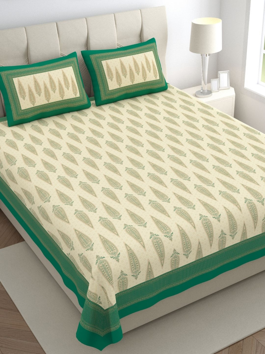 The Craft Monk Beige & Green Printed Cotton 300 TC King Bedsheet with 2 Pillow Covers
The Craft Monk Beige & Green Printed Cotton 300 TC King Bedsheet with 2 Pillow Covers