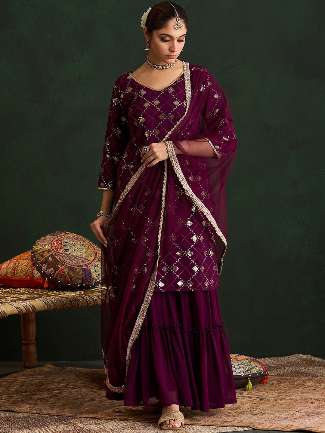 Indo Era Women Embroidered Regular Sequinned Kurta with Sharara & With Dupatta, Burgundy
Indo Era Women Embroidered Regular Sequinned Kurta with Sharara & With Dupatta, Burgundy