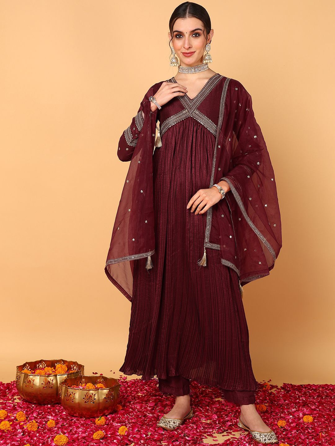 AHIKA Maroon Floral Embroidered V-Neck Sequinned Anarkali Kurta with Trousers & Dupatta
AHIKA Maroon Floral Embroidered V-Neck Sequinned Anarkali Kurta with Trousers & Dupatta