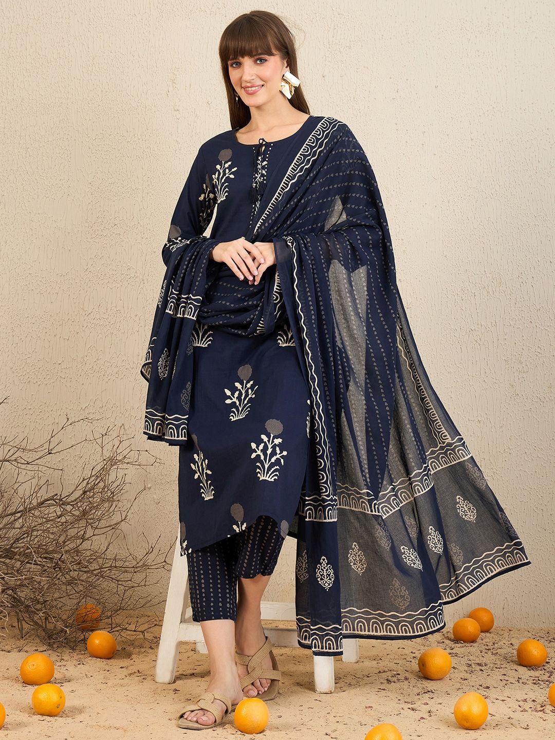 Indo Era Floral Printed Pure Cotton Straight Kurta With Trousers & Dupatta, Navy blue
Indo Era Floral Printed Pure Cotton Straight Kurta With Trousers & Dupatta, Navy blue